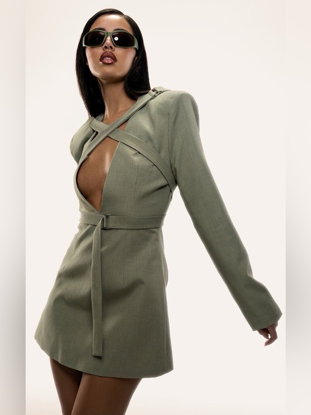 NWT PLT Label Sage Green Strap Detail Cross Over A-Line Blazer Dress - Size 4